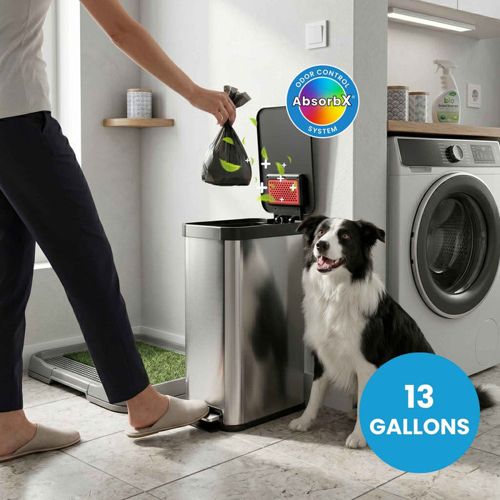 50 Liter / 13.2 Gallon Stainless Steel SoftStep Elongated Step Pedal Pet Waste Receptacle with AbsorbX Odor Filter