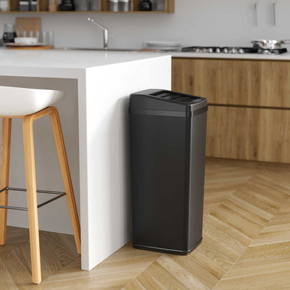 14 Gallon Black Stainless Steel Sliding Lid Sensor Trash Can with Odor Filter in kitchen
