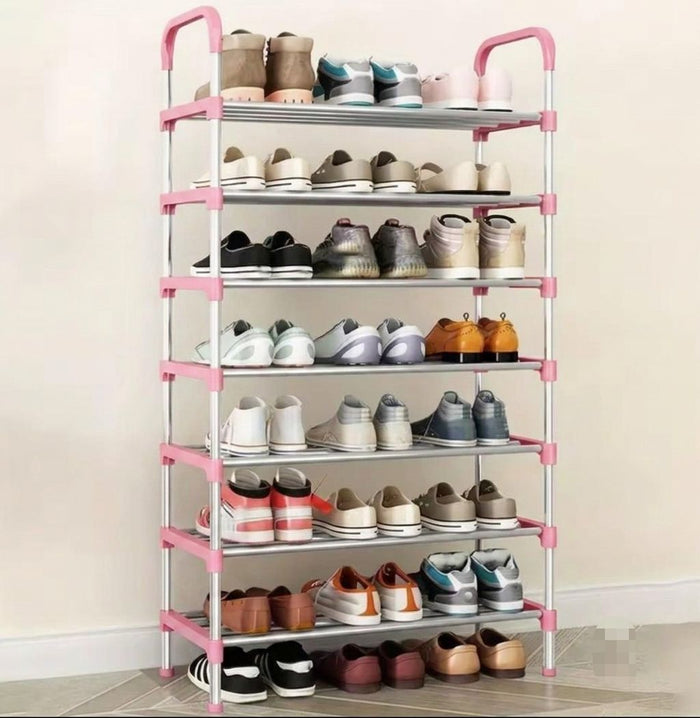 6-Layer Steel Shoe Rack – Large Capacity Organizer (Pink & Silver)