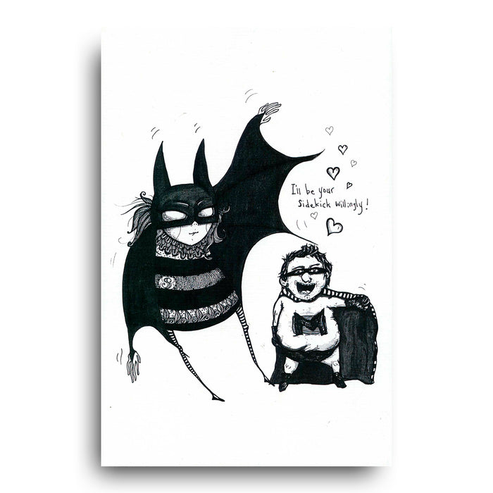 A whimsical black-and-white Perma illustration features a happy woman in a bat costume and a man with glasses and bowtie saying, “I’ll be your sidekick always!” Playful hearts surround the joyful pair.