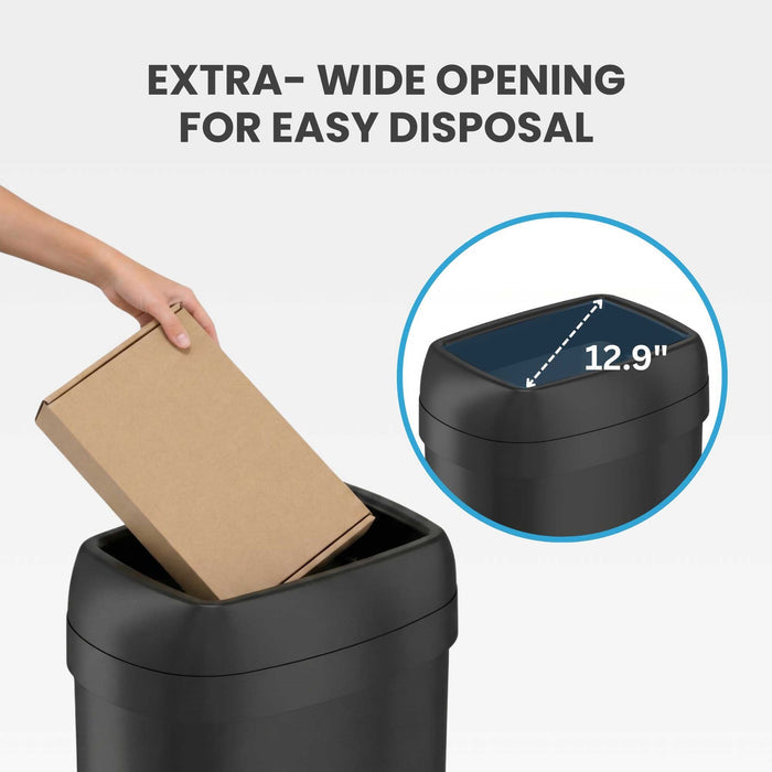 an image showing a large box fitting easily into the wide 12.9" diagonal opening of the iTouchless OL16STVBK black stainless steel kitchen trash can