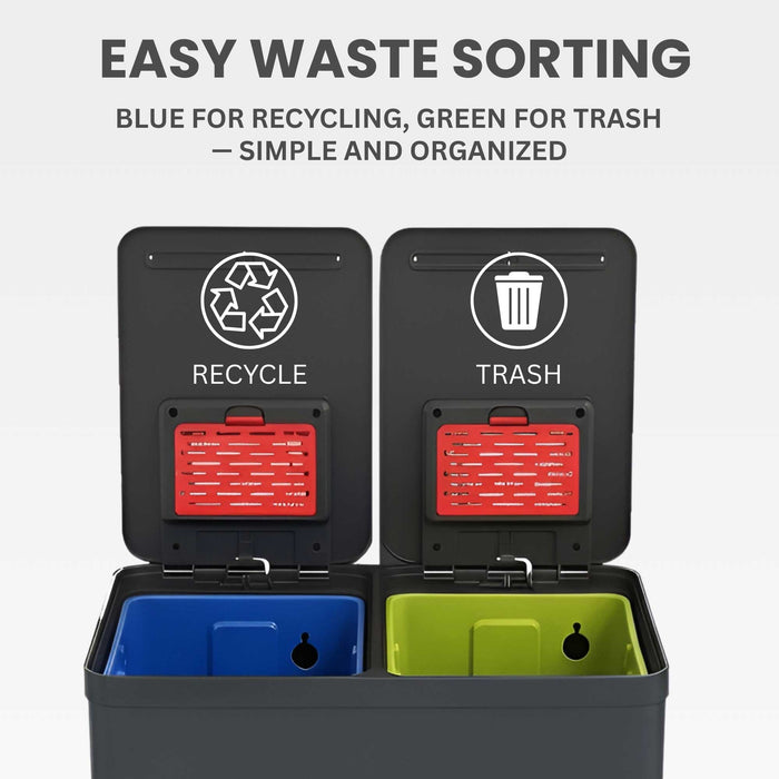 Top-down view of the iTouchless PC60RSPGY dual-compartment can with the lids open, showing the easy waste sorting system: blue inner bucket for recycling and green inner bucket for trash.