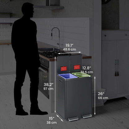 Size perspective image of the iTouchless PC60RSPGY trash can next to a silhouette of a person, displaying its full dimensions in inches and centimeters (38.2" height with lid open).