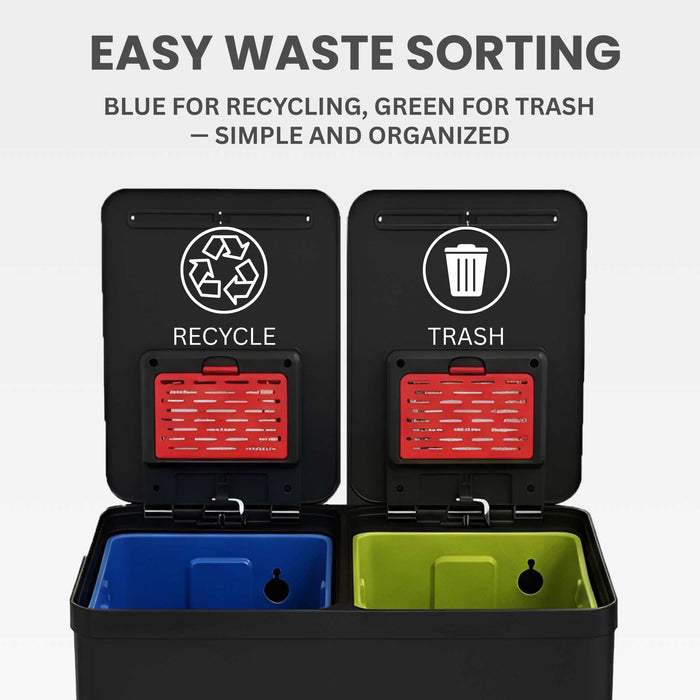 Top-down view of the iTouchless PC60RSPBK dual-compartment can with the lids open, showing the easy waste sorting system: blue inner bucket for recycling and green inner bucket for trash.
