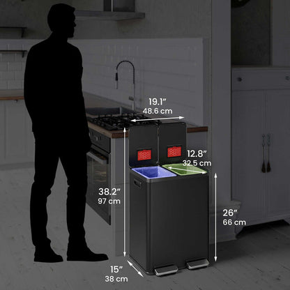 Size perspective image of the iTouchless PC60RSPBK trash can next to a silhouette of a person, displaying its full dimensions in inches and centimeters (38.2" height with lid open).