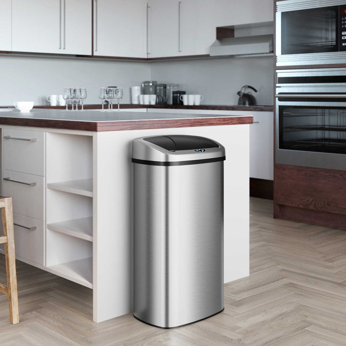 iTouchless 24 gallon Oval Sensor Kitchen Trash Can with AbsorbX Odor Filter in kitchen