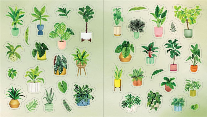 Plant sticker sheet spread with potted and leafy plant stickers in neat rows