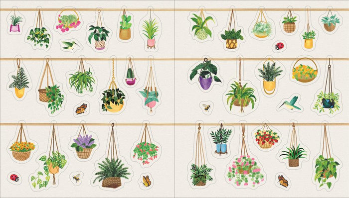 Plant sticker display sheet with hanging potted plants and flowers in grid layout