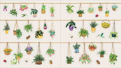 Plant sticker display sheet with hanging potted plants and flowers in grid layout