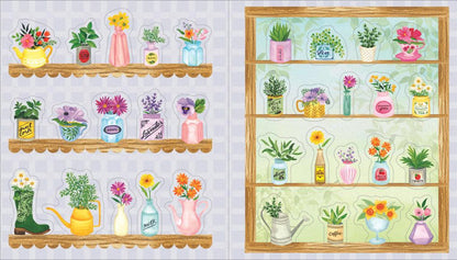 Plant sticker pages showing potted plants, flowers, and bottles on shelves