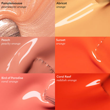 A grid of six close-up images showcases Manucurist's glossy gel polish shades in orange tones, featuring Abricot alongside Pamplemousse, Peach, Sunset, Bird of Paradise, and Coral Reef. Each shade is labeled with its name and color description.