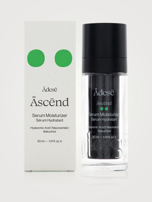 ÄDESĒ Äscēnd The Serum Moisturizer 30ml bottle, clear glass with pump, on a neutral background, showcasing the skincare product.