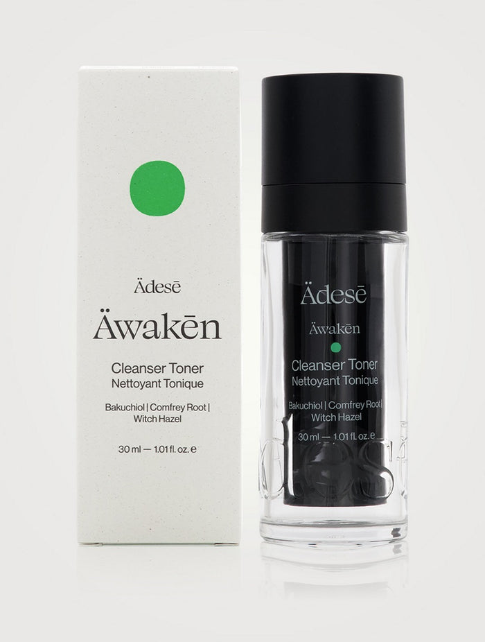 ÄDESĒ Äwakēn The Cleanser Toner in 30ml bottle, featuring clear liquid and minimalist packaging, for skincare use.