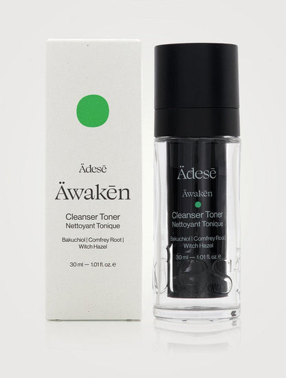 ÄDESĒ Äwakēn The Cleanser Toner in 30ml bottle, featuring clear liquid and minimalist packaging, for skincare use.