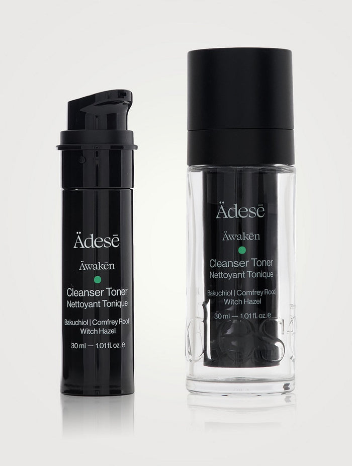 Neue ÄDESĒ Äwakēn The Cleanser Toner 30ml unopened bottle, featuring minimalist design and clear labeling.