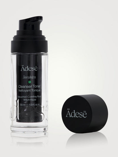 ÄDESĒ Äwakēn The Cleanser Toner 30ml unopened bottle, clear liquid, minimalist packaging, beauty skincare product.