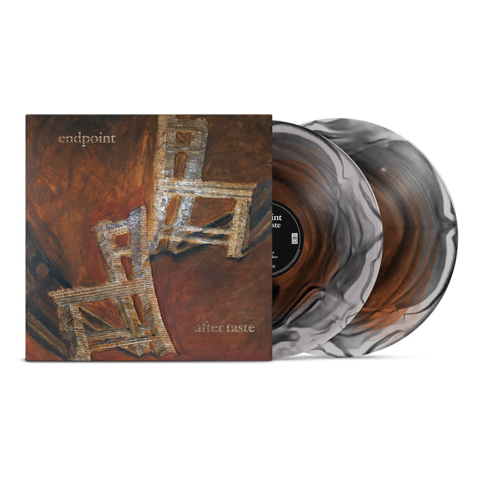 Two marbled black-and-brown Endpoint After Taste vinyl records with an album cover featuring abstract chairs on a brown background. The text reads "endpoint after taste." A must-have for any vinyl presale collection.