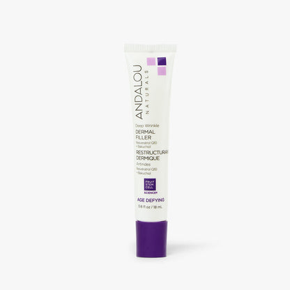Tube of Andalou Naturals Deep Wrinkle Dermal Filler with Resveratrol Q10 and Bakuchiol, labeled as age-defying, standing upright against a white background.