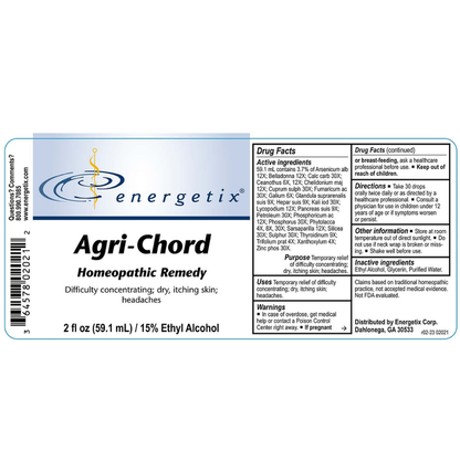 Agri Chord by Energetix, symptoms related to exposure to agricultural chemicals, herbicides, pesticides, or symptoms of nervousness; irritation of eyes, ears, and throat; brain fog; trembling and numbness of limbs; muscle twitching; nausea; vomiting; profuse perspiration; excessive salivation; dizziness; weakness; difficult respiration; and itching skin eruptions