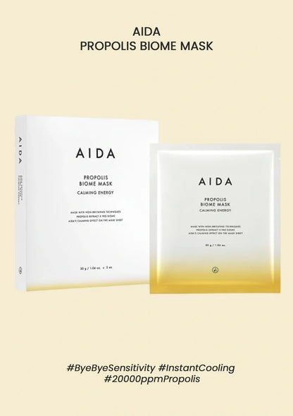 Two AIDA Propolis Biome Mask packages on a beige background