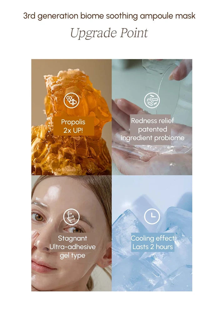 Promotional image of a 3rd generation biome soothing ampoule mask with text highlighting features.