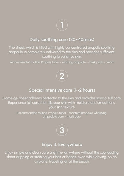 Instructions for daily soother care, special intensive care, and enjoying the product anywhere on a gray background.