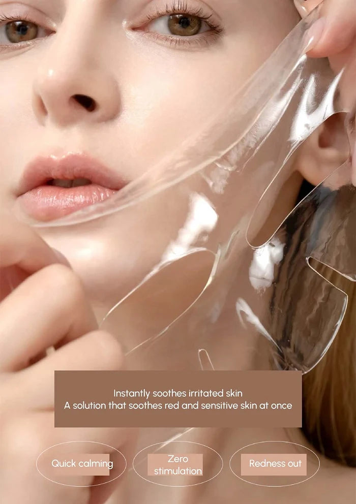 Woman applying a transparent sheet to her face with text about skin soothing benefits.