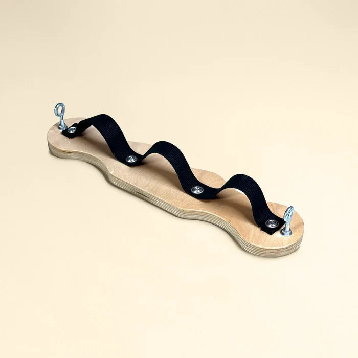 Gratz Pilates airplane board with three black webbing loops and wooden base.