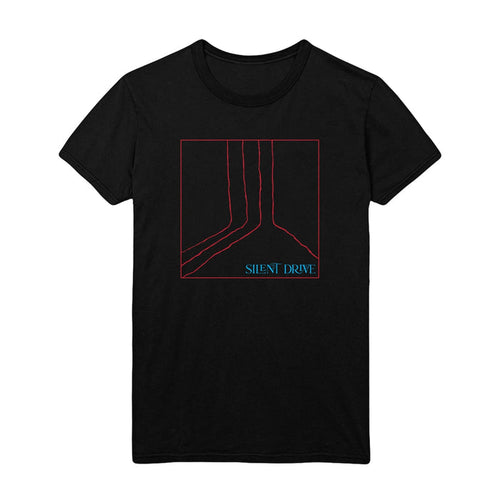 Image is a black Tee shirt with featuring a red box with 4 red lines in it and blue text reading “Silent Drive” on the chest