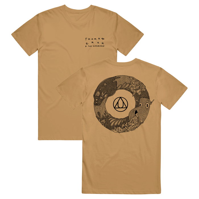 A golden colored shirt has "Thomas Erak and The Ouroboros" printed on the right side with a black and white ouroboros on the back of the shirt.