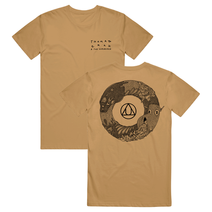 A golden colored shirt has "Thomas Erak and The Ouroboros" printed on the right side with a black and white ouroboros on the back of the shirt.