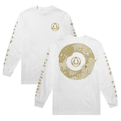 A white long sleeve shirt has the Au symbol in the top right of the shirt with "Thomas Erak & The Ouroboros" written on the sleeves. On the back of the shirt, there's a gold sketch of an ouroboros with the symbol for gold in the middle.