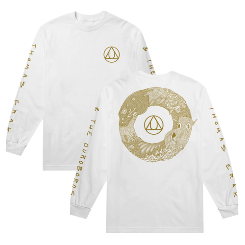 A white long sleeve shirt has the Au symbol in the top right of the shirt with "Thomas Erak & The Ouroboros" written on the sleeves. On the back of the shirt, there's a gold sketch of an ouroboros with the symbol for gold in the middle.