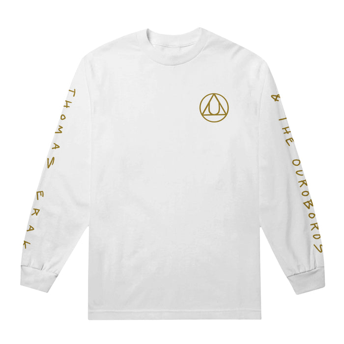 A white long sleeve shirt has the Au symbol in the top right of the shirt with "Thomas Erak & The Ouroboros" written on the sleeves.