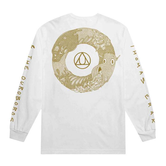 This image shows the back of the shirt where there's a gold sketch of an ouroboros with the symbol for gold in the middle. The words "Thomas Erak & The Ouroboros" are written on the sleeves.