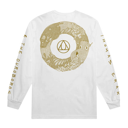 This image shows the back of the shirt where there's a gold sketch of an ouroboros with the symbol for gold in the middle. The words "Thomas Erak & The Ouroboros" are written on the sleeves.