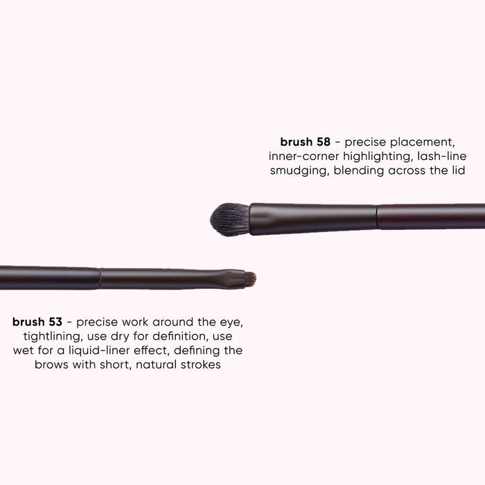 Two makeup brushes shown on a pale pink background with descriptive text labels: brush 58 for precise placement and blending across the lid, and brush 53 for precise eye and brow work.