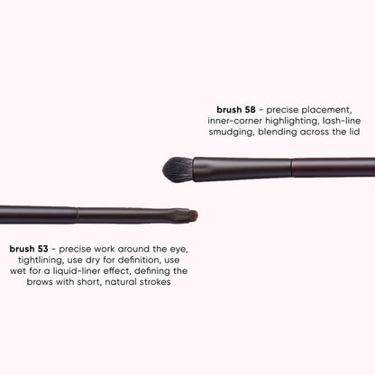 Two makeup brushes shown on a pale pink background with descriptive text labels: brush 58 for precise placement and blending across the lid, and brush 53 for precise eye and brow work.