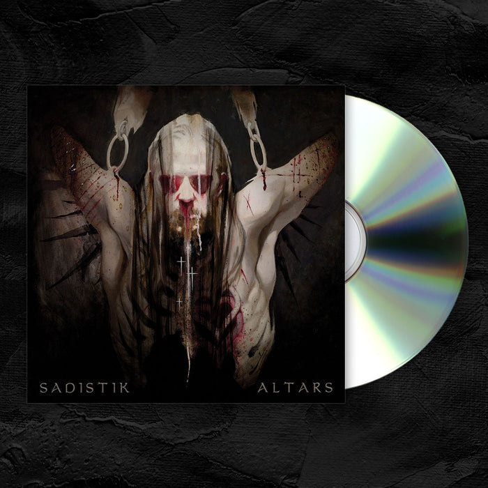 A Sadistik CD case featuring the Altars album cover—a dark, painted figure with long hair, blood, and wounds, arms chained against a black background. Includes track list and featured artists. Brand: Sadistik.