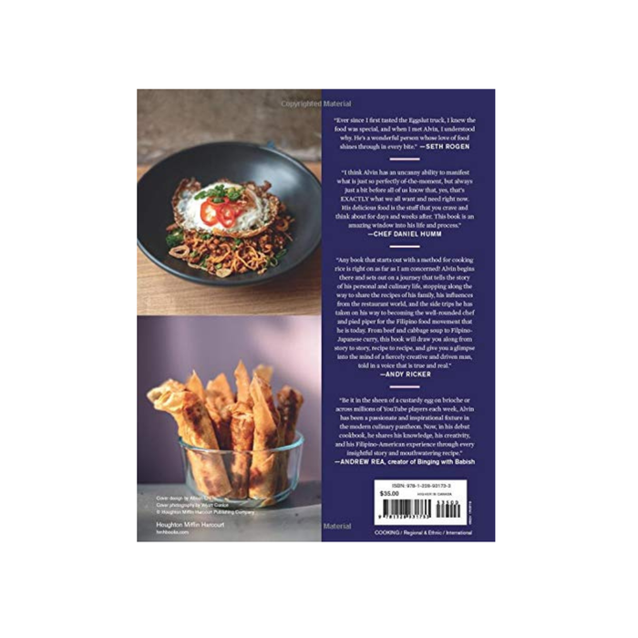 Cookbook back cover with plated noodles, fries, and author text