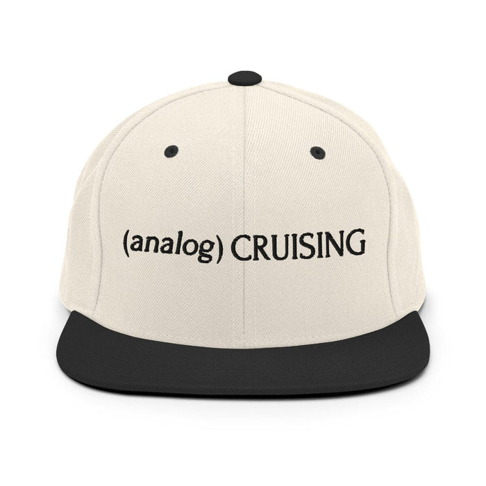 Leo Herrera (analog) CRUISING YP classic flatbill snapback in natural/black with black embroidery, front view on white background