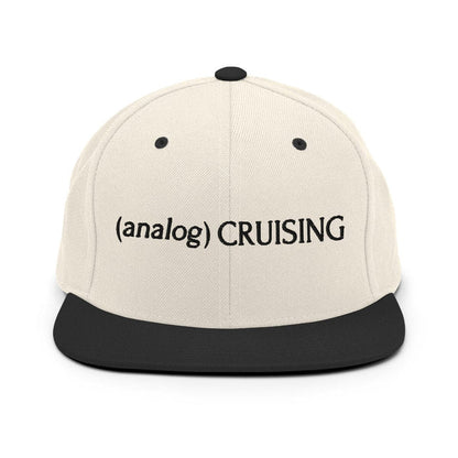 Leo Herrera (analog) CRUISING YP classic flatbill snapback in natural/black with black embroidery, front view on white background