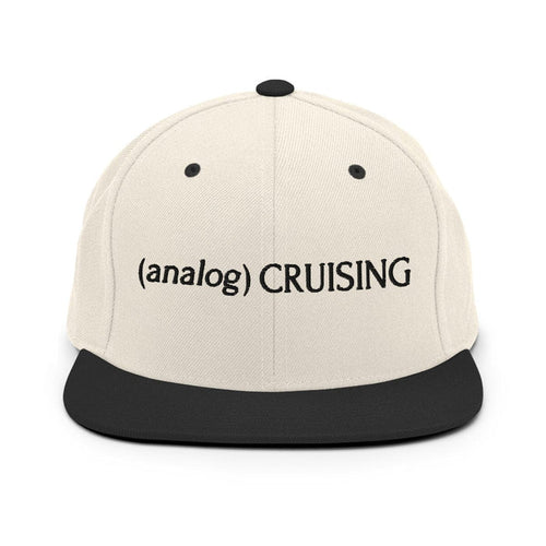 Leo Herrera (analog) CRUISING YP classic flatbill snapback in natural/black with black embroidery, front view on white background