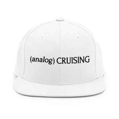 Leo Herrera (analog) CRUISING YP classic flatbill snapback in white with black embroidery, front view on white background