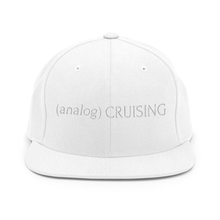 Leo Herrera (analog) CRUISING YP classic flatbill snapback in white with white embroidery, front view on white background