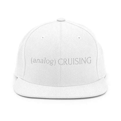 Leo Herrera (analog) CRUISING YP classic flatbill snapback in white with white embroidery, front view on white background