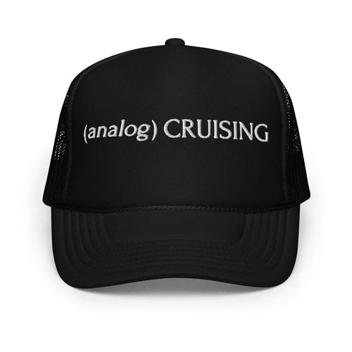 Black foam trucker hat with (analog) CRUISING white embroidery, ghost front view, Leo Herrera x Adam's Nest Provincetown