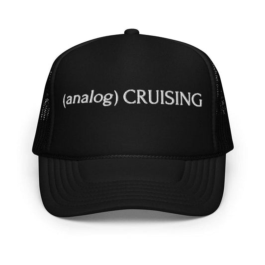 Black foam trucker hat with (analog) CRUISING white embroidery, ghost front view, Leo Herrera x Adam's Nest Provincetown