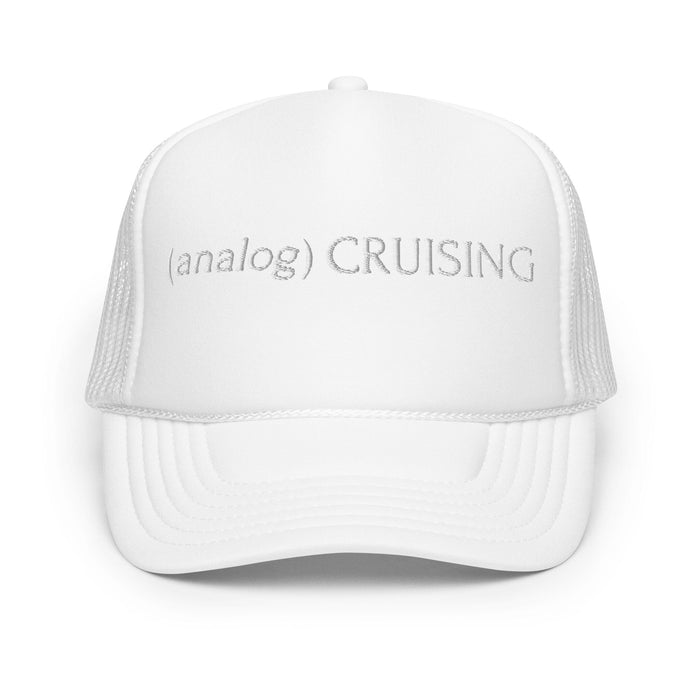 White foam trucker hat with (analog) CRUISING white embroidery, ghost front view, Leo Herrera x Adam's Nest Provincetown