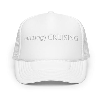 White foam trucker hat with (analog) CRUISING white embroidery, ghost front view, Leo Herrera x Adam's Nest Provincetown